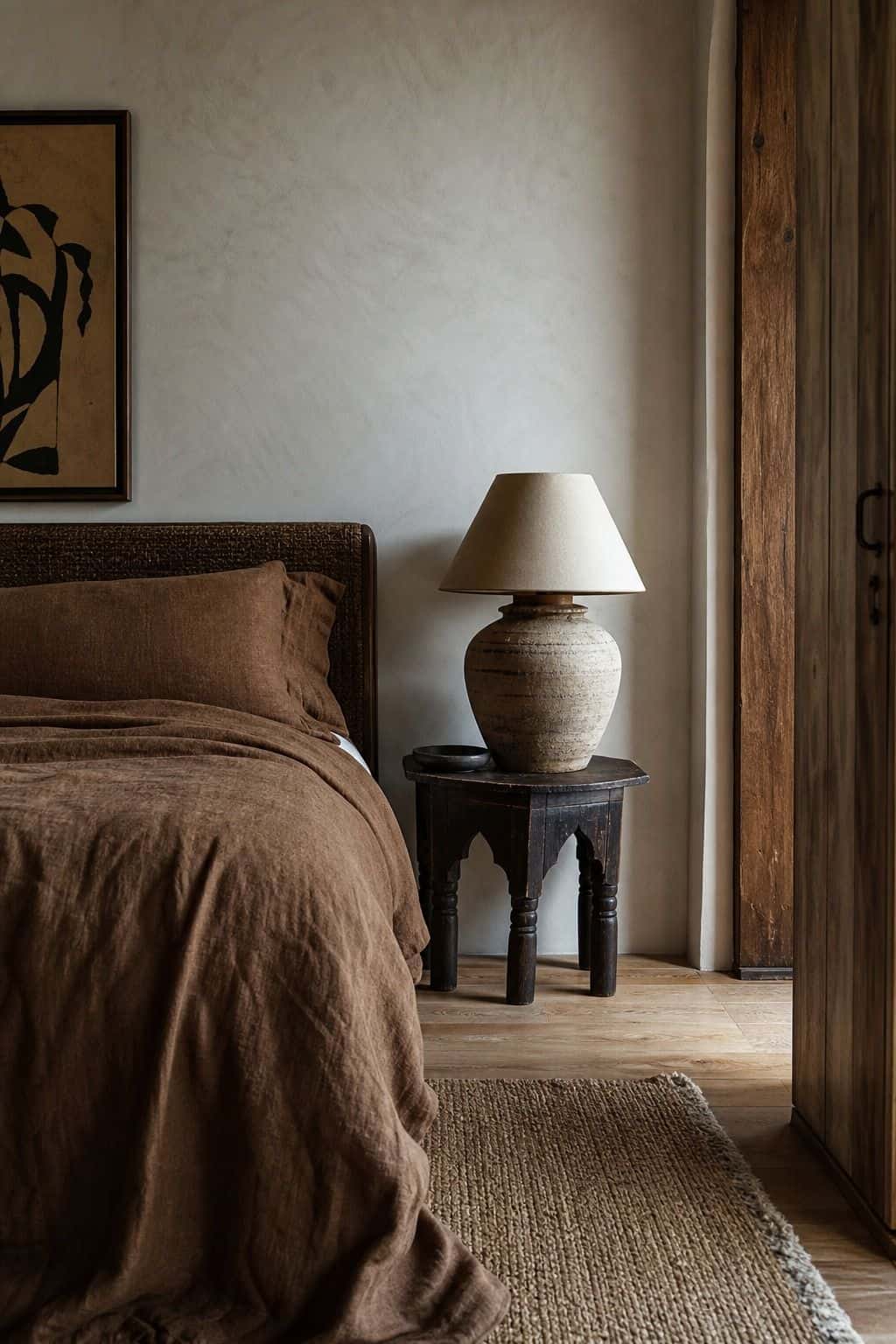 A calm bedroom corner with chocolate brown textiles, warm off-white plaster walls, linen bedding, a ceramic lamp, a vintage side table, and a textured rug, photographed to show a soft version of moody decor. The palette feels earthy, quiet, and approachable for readers who want dark color without making the room feel closed in, using creamy walls, tactile bedding, and worn wood to soften the richness.