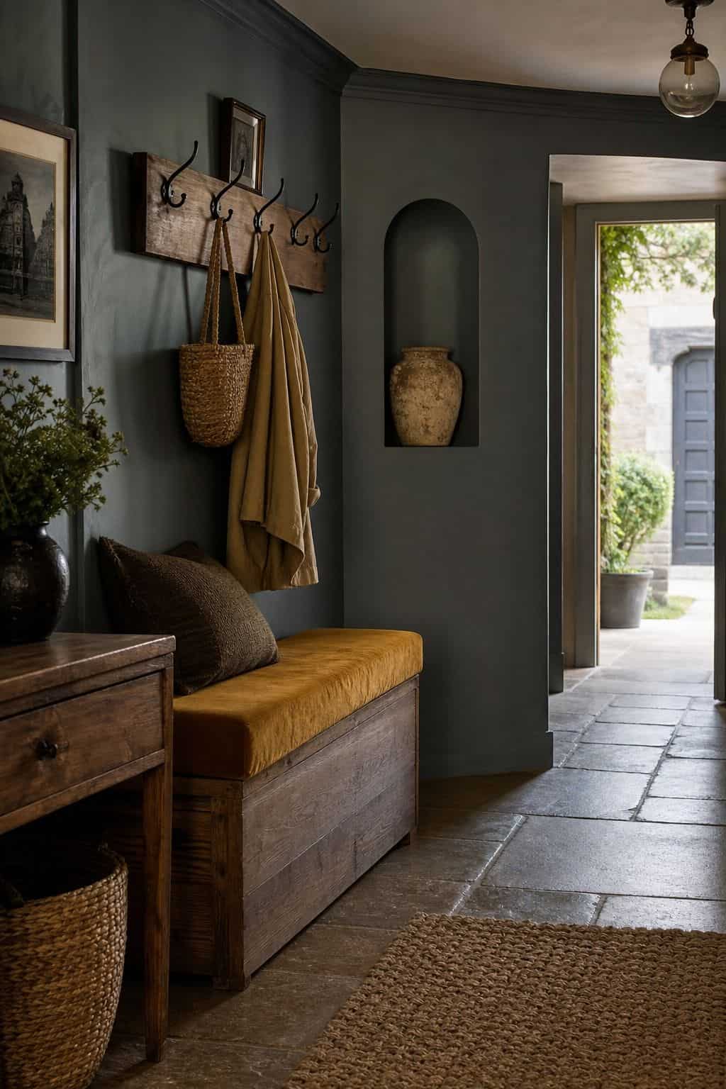 A moody entryway with slate blue-gray walls, an ochre velvet bench cushion, black iron hooks, aged oak, woven storage, and warm stone flooring, arranged as a practical designer vignette. The image shows how a cool dark base and golden accent can bring contrast, utility, and character to a small transitional space while still feeling welcoming, organized, and naturally textured. It keeps the palette clear for readers comparing slate, ochre, oak, black iron, and stone.