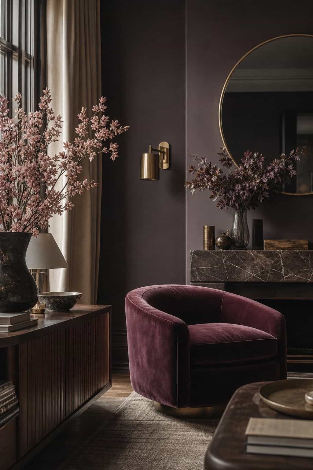 A lounge corner with aubergine walls, a plum velvet chair, smoked mirror, dark walnut, muted blush flowers, and bronze accents, photographed in low natural light for a romantic evening mood. The scene helps readers picture a purple-based dark palette that feels layered, grown-up, and atmospheric instead of bright or theatrical, with soft florals and warm metal keeping the room refined. It keeps the palette clear for readers comparing aubergine, plum, walnut, bronze, and blush.