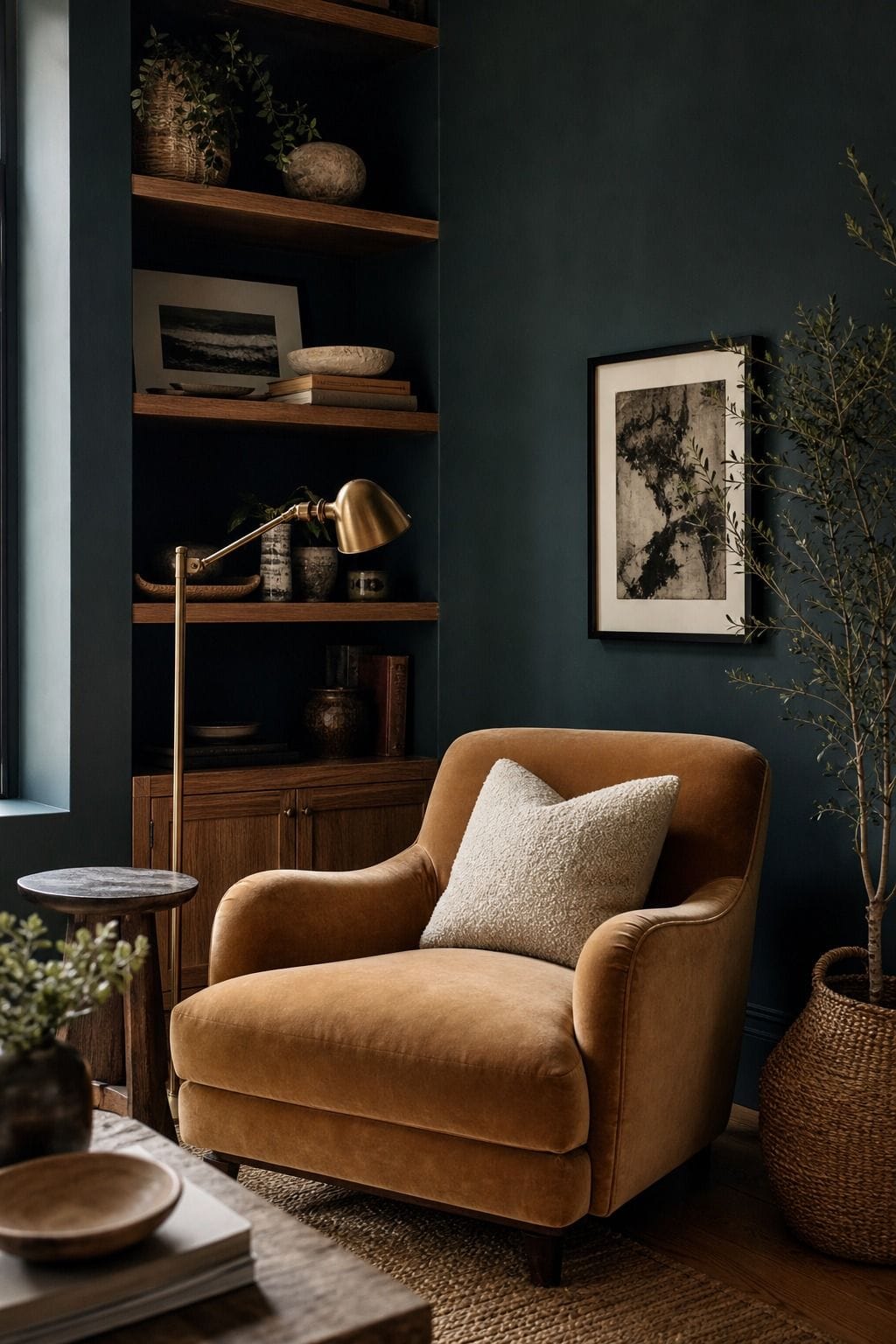 A reading corner with deep teal walls, camel upholstery, black framed art, warm oak shelves, a brass task lamp, a cream boucle pillow, and a natural rug, styled as a cozy moody palette. The image demonstrates how blue-green walls and tan seating can feel rich, relaxed, and timeless for a layered home interior, especially when balanced with pale texture, wood grain, and simple collected details. It keeps the palette clear for readers comparing teal, camel, oak, brass, cream, and black.