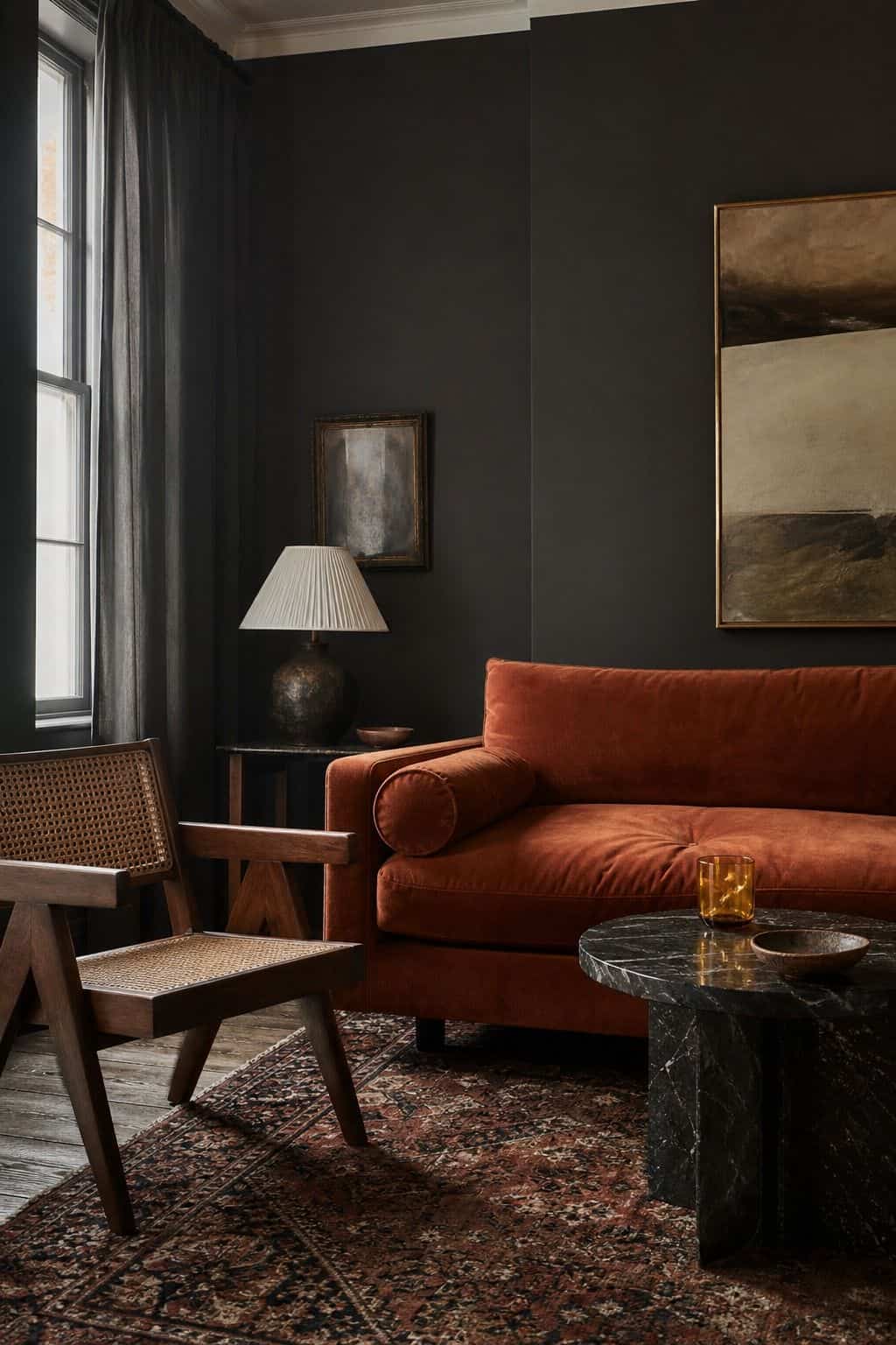 A small living room with charcoal walls, a rust velvet sofa, black marble, amber glass, a worn Persian rug, and an ivory lampshade, composed to show a dark palette with warmth and movement. The image gives readers a practical visual for balancing smoky gray paint with earthy red-orange accents, vintage texture, pale lighting, and enough contrast to keep the space cozy rather than cold. It keeps the palette clear for readers comparing charcoal, rust, amber, ivory, and black marble.