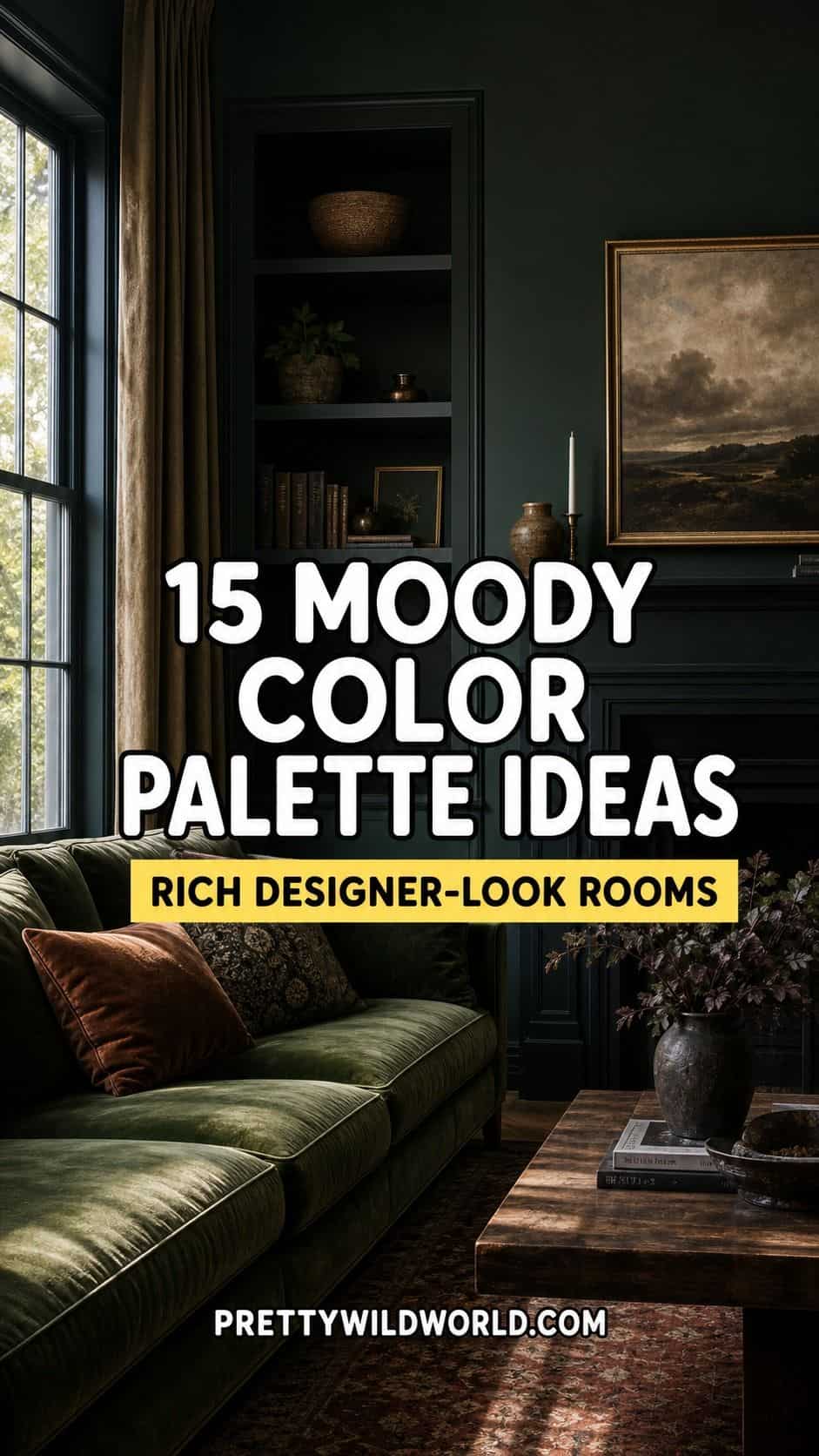 A vertical Pretty Wild World Pinterest pin for 15 moody color palette ideas, featuring a single dark editorial interior background with large white outlined title text, a sharp yellow subtitle bar, and site branding near the bottom. The pin promotes rich designer-look room palettes for readers searching for dark color schemes, cozy paint ideas, dramatic interiors, and layered home decor inspiration.