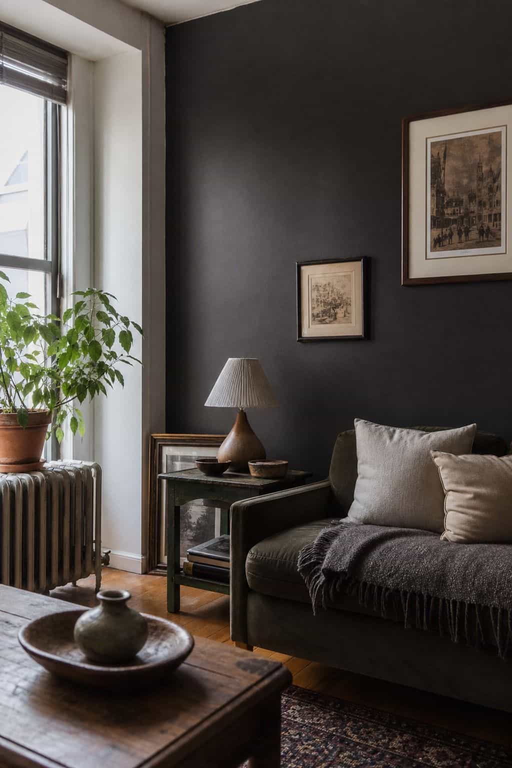 Budget moody decor idea featuring dark accent wall in a realistic layered room with deep tones, soft natural light, vintage texture, and practical styling. This Pretty Wild World image shows how renters and home decorators can create an expensive-looking moody interior with thrifted pieces, affordable swaps, warm contrast, and collected details instead of major renovations or designer furniture. layered