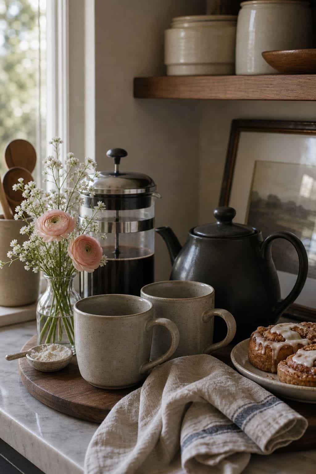 Set a tea or coffee corner shown as a realistic Pretty Wild World image for 16 Mother's Day Home Decor Ideas for a Thoughtful Spring Celebration.