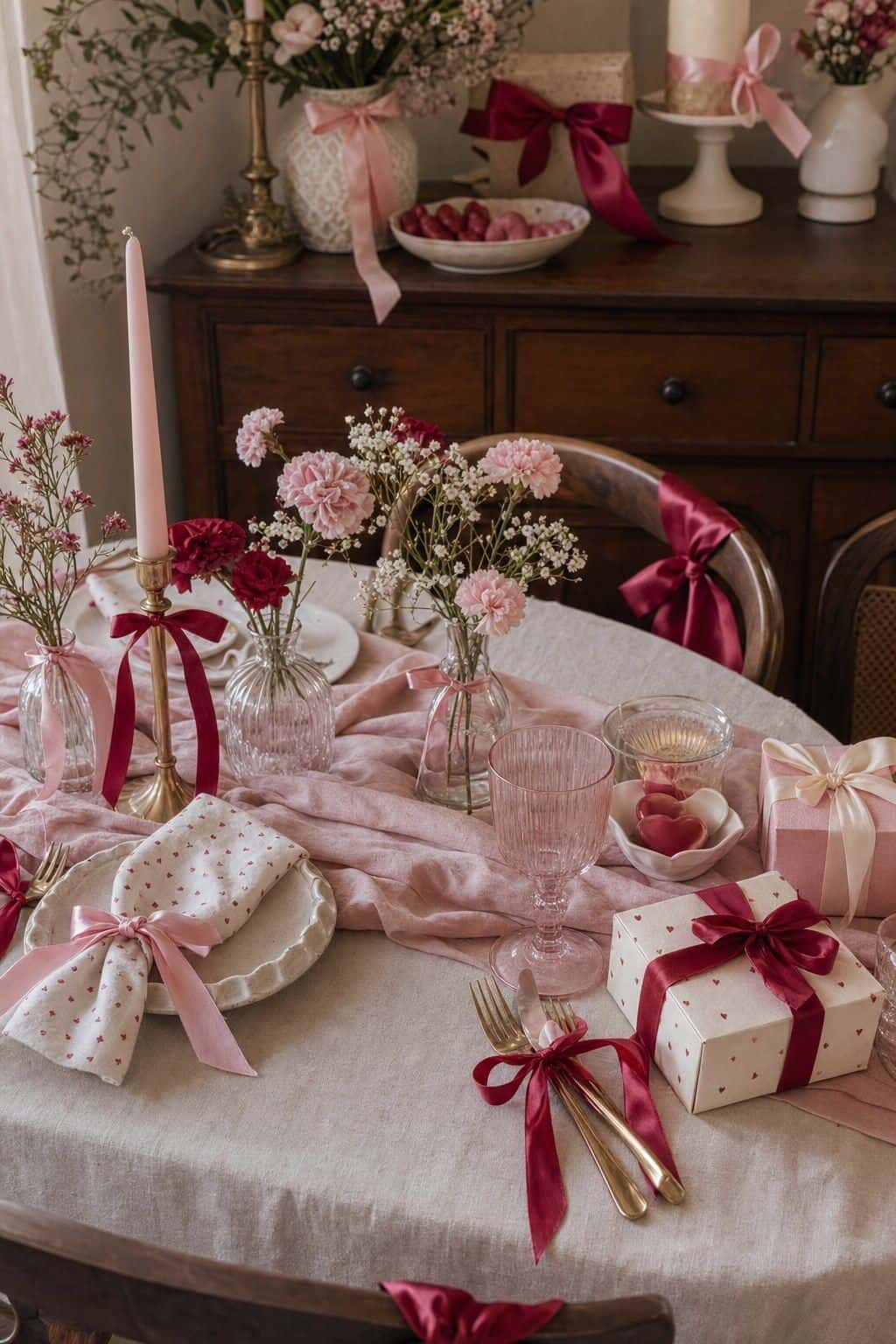 Add ribbon to napkins and vases shown as a realistic Pretty Wild World image for 16 Mother's Day Home Decor Ideas for a Thoughtful Spring Celebration.