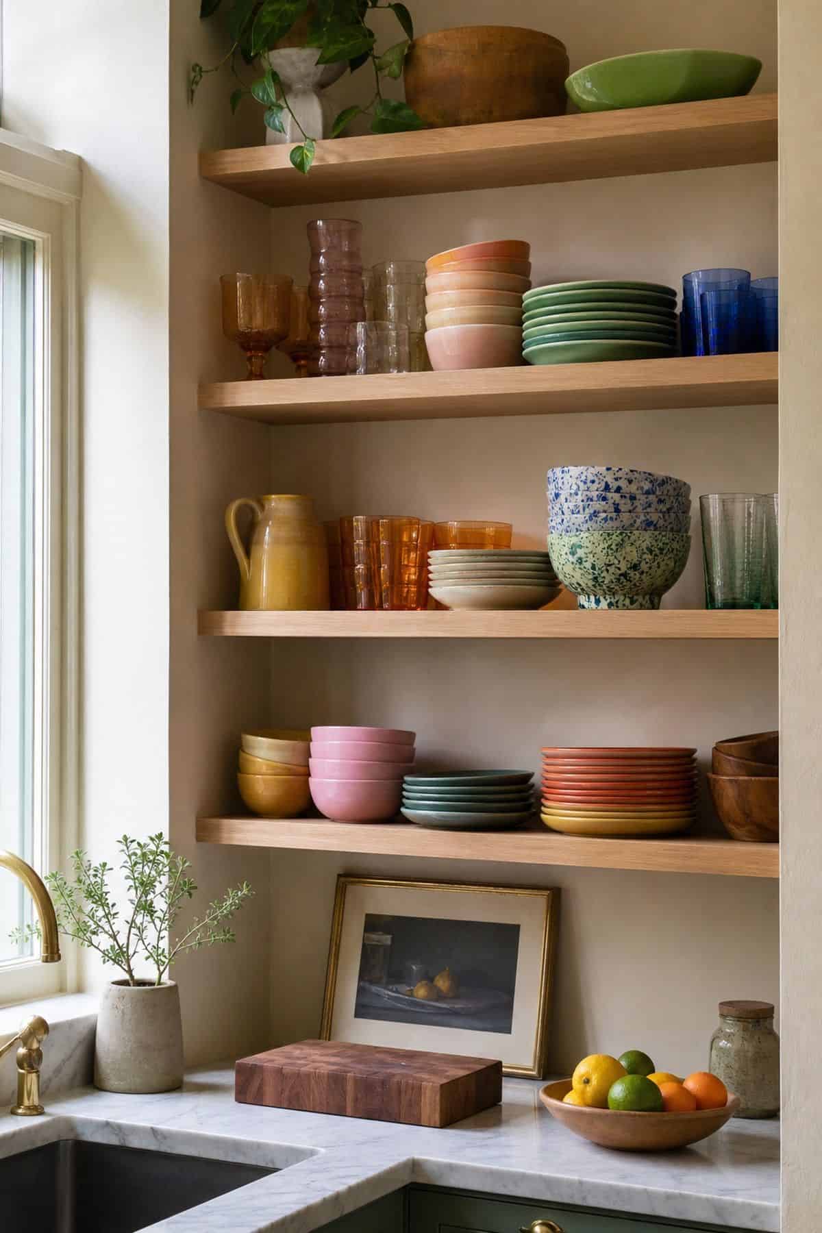 Showcase Colorful Dishes and Glassware to Add Vibrancy shown as a realistic Pretty Wild World image for 15 Open Cabinet Kitchen Decor Ideas for a Warm, Beautifully Styled Kitchen.