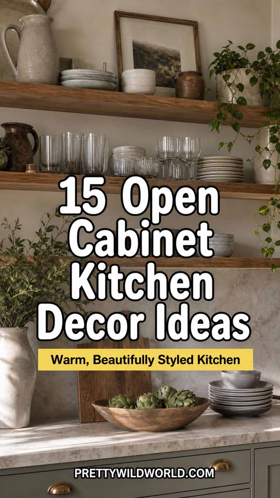 Pinterest pin for 15 Open Cabinet Kitchen Decor Ideas for a Warm, Beautifully Styled Kitchen from Pretty Wild World.