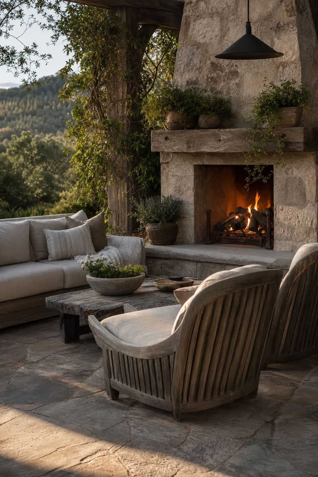 Arrange cozy outdoor seating around the fireplace shown as a realistic Pretty Wild World image for 15 Outdoor Fireplace Patio Decor Ideas for an Effortless Outdoor Living Aesthetic.