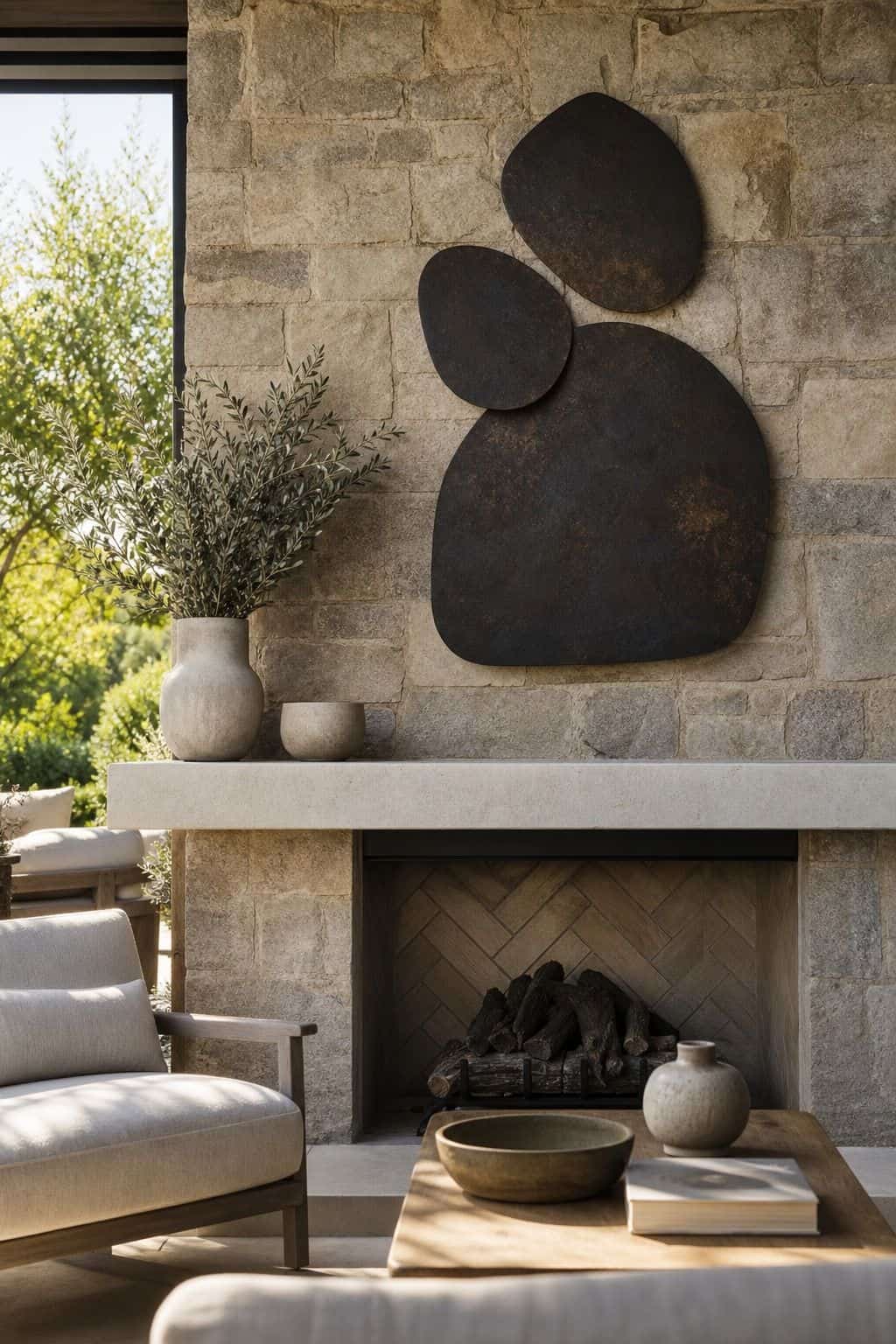 Hang metal art or outdoor-friendly artwork above the fireplace shown as a realistic Pretty Wild World image for 15 Outdoor Fireplace Patio Decor Ideas for an Effortless Outdoor Living Aesthetic.
