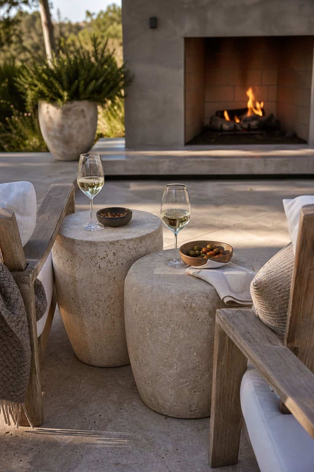 Include side tables for holding drinks and snacks shown as a realistic Pretty Wild World image for 15 Outdoor Fireplace Patio Decor Ideas for an Effortless Outdoor Living Aesthetic.