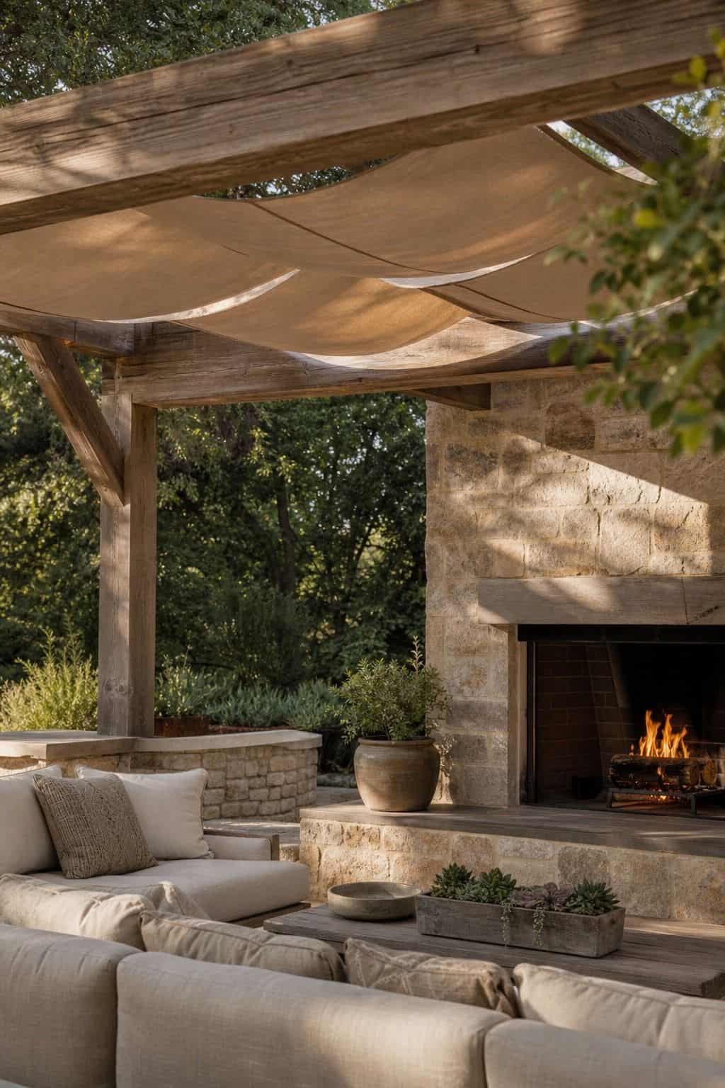 Install a pergola or shade canopy for protection and style shown as a realistic Pretty Wild World image for 15 Outdoor Fireplace Patio Decor Ideas for an Effortless Outdoor Living Aesthetic.