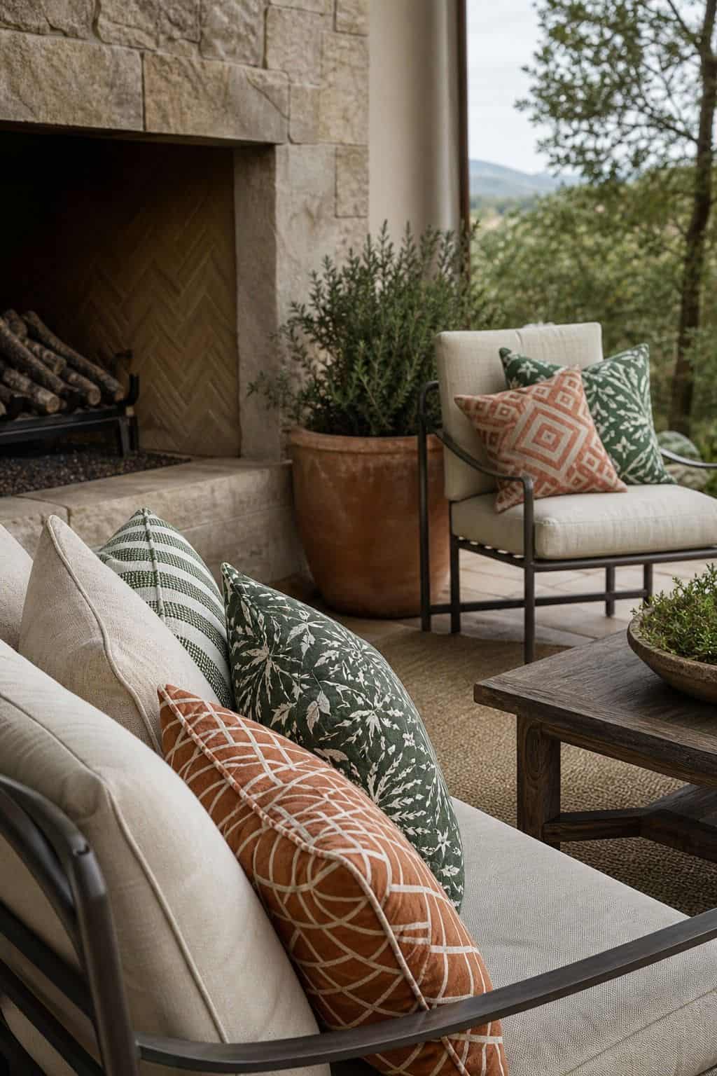 Decorate with bold patterned outdoor pillows shown as a realistic Pretty Wild World image for 15 Outdoor Fireplace Patio Decor Ideas for an Effortless Outdoor Living Aesthetic.