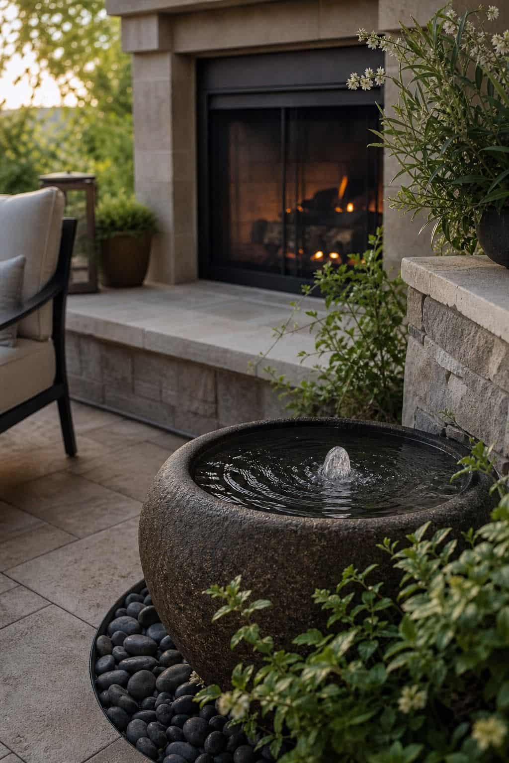 Add a small water feature to bring soothing sounds to the space shown as a realistic Pretty Wild World image for 15 Outdoor Fireplace Patio Decor Ideas for an Effortless Outdoor Living Aesthetic.