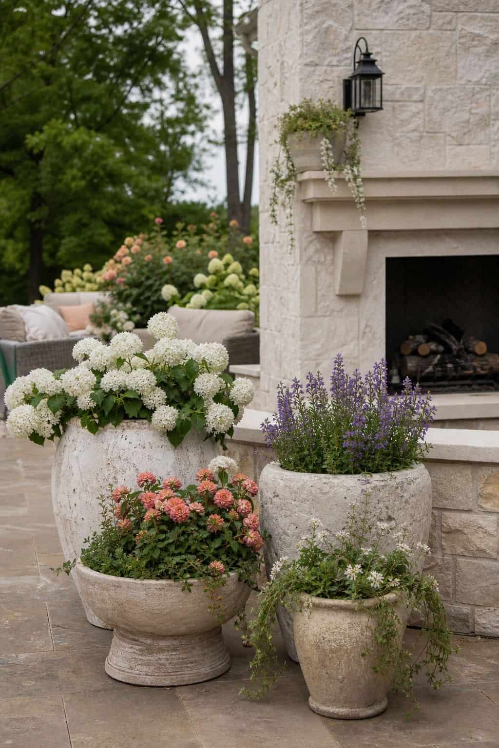 Use ceramic or stone planters filled with seasonal blooms shown as a realistic Pretty Wild World image for 15 Outdoor Fireplace Patio Decor Ideas for an Effortless Outdoor Living Aesthetic.