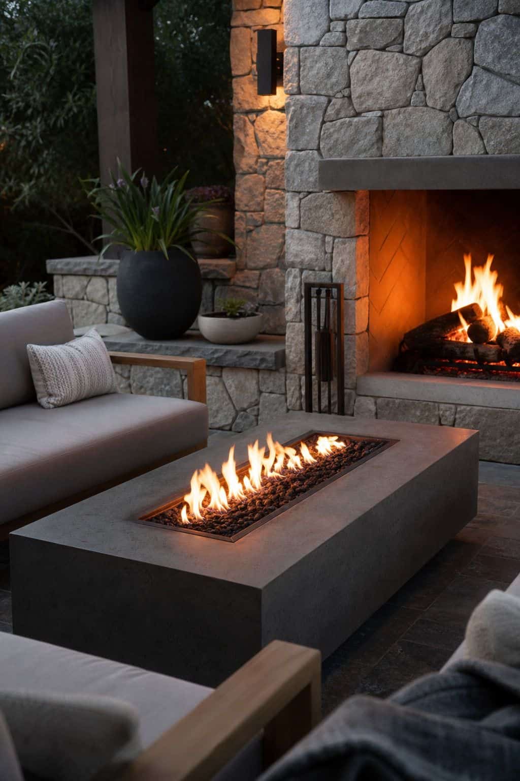 Incorporate a stylish fire pit table as an additional heat source shown as a realistic Pretty Wild World image for 15 Outdoor Fireplace Patio Decor Ideas for an Effortless Outdoor Living Aesthetic.