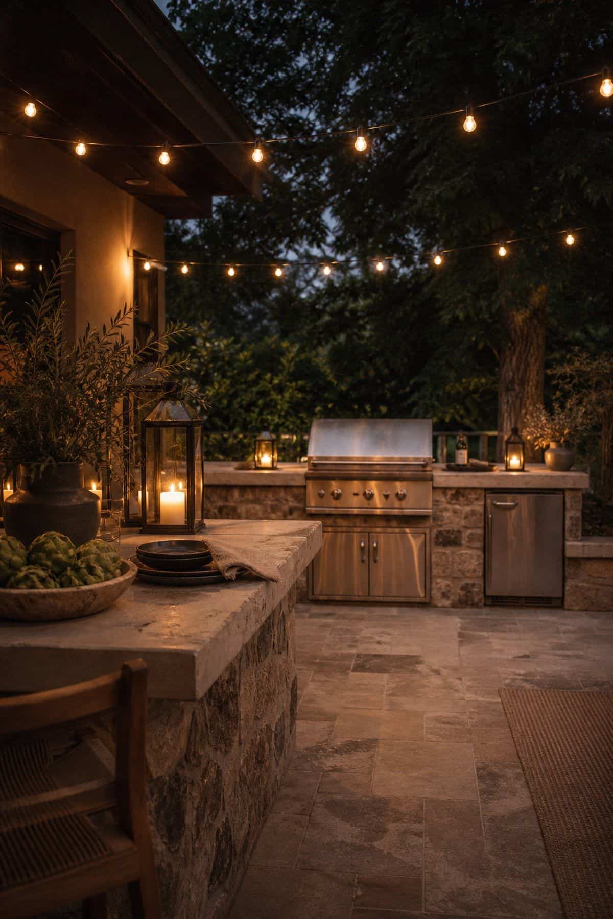Hang string lights or lanterns to create cozy, ambient lighting shown as a realistic Pretty Wild World image for 15 Outdoor Kitchen Patio Decor Ideas for a Warm, Beautifully Styled Kitchen.