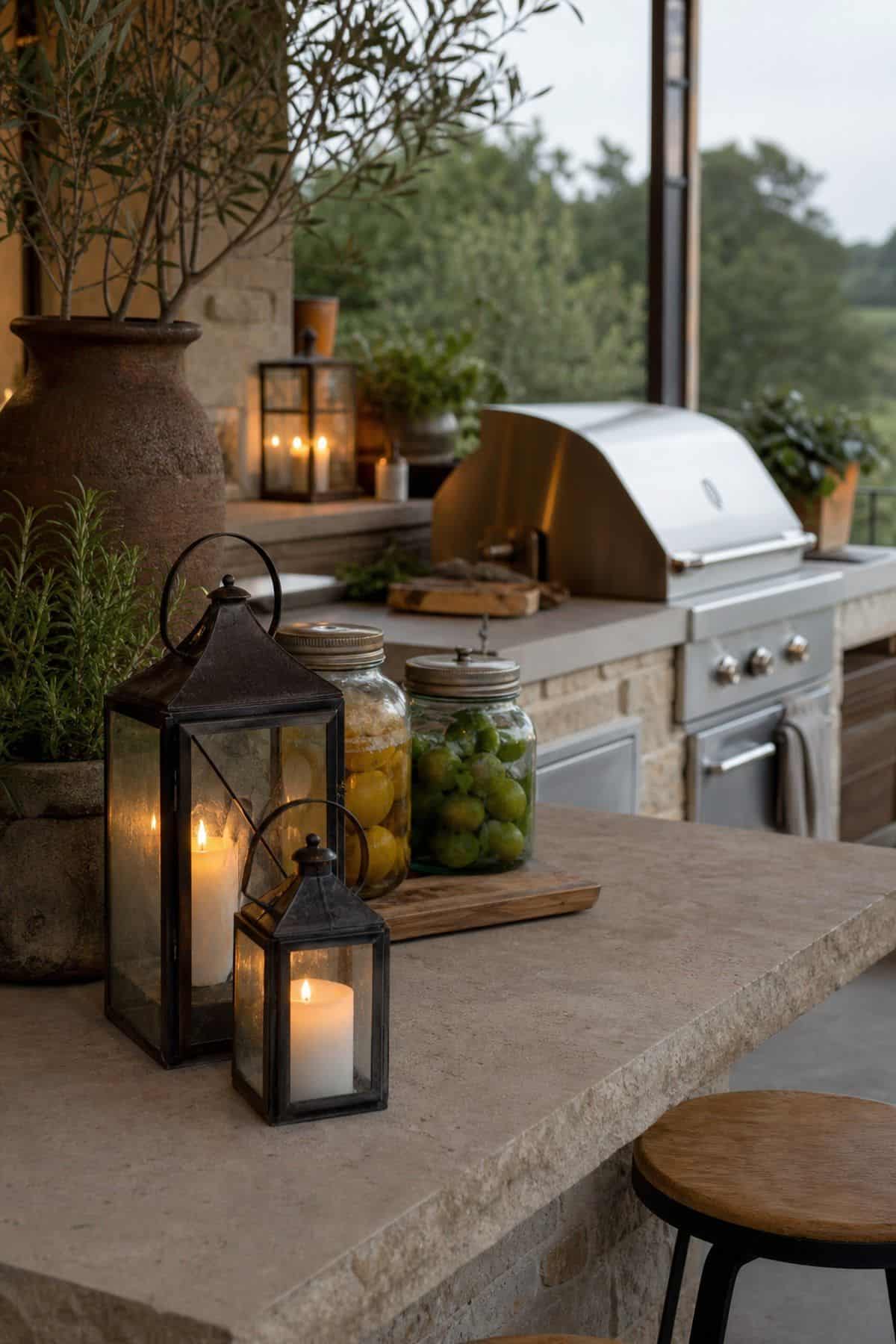Display decorative lanterns or jars on kitchen counters shown as a realistic Pretty Wild World image for 15 Outdoor Kitchen Patio Decor Ideas for a Warm, Beautifully Styled Kitchen.