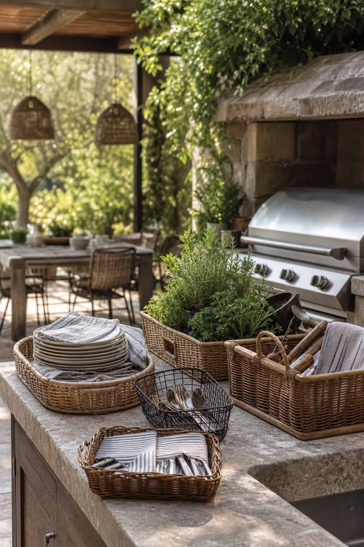 Use metal or wicker baskets to organize dining essentials shown as a realistic Pretty Wild World image for 15 Outdoor Kitchen Patio Decor Ideas for a Warm, Beautifully Styled Kitchen.