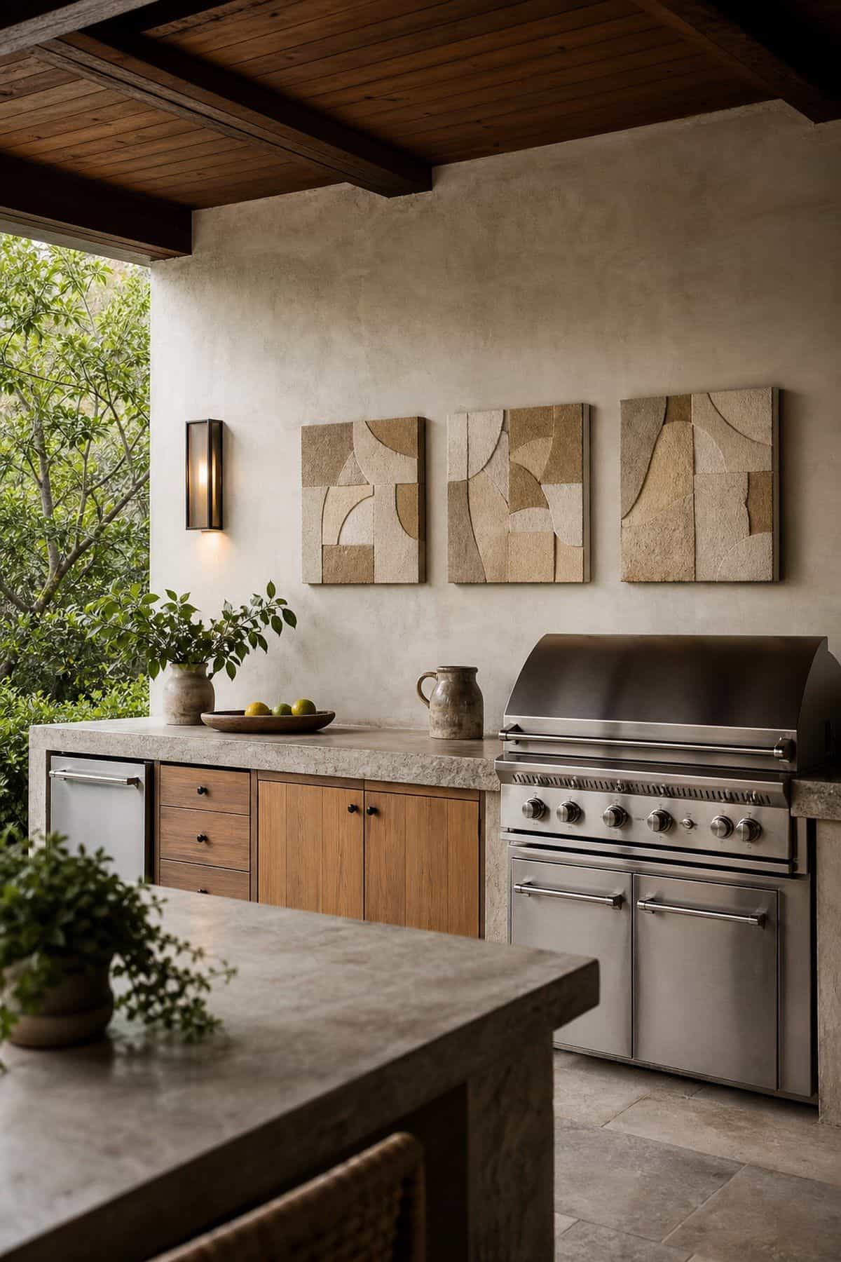 Hang weather-resistant art or signs on nearby walls shown as a realistic Pretty Wild World image for 15 Outdoor Kitchen Patio Decor Ideas for a Warm, Beautifully Styled Kitchen.