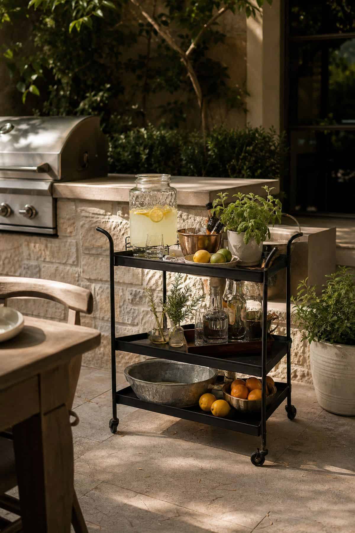 Set up a drink trolley or bar station for easy entertaining shown as a realistic Pretty Wild World image for 15 Outdoor Kitchen Patio Decor Ideas for a Warm, Beautifully Styled Kitchen.