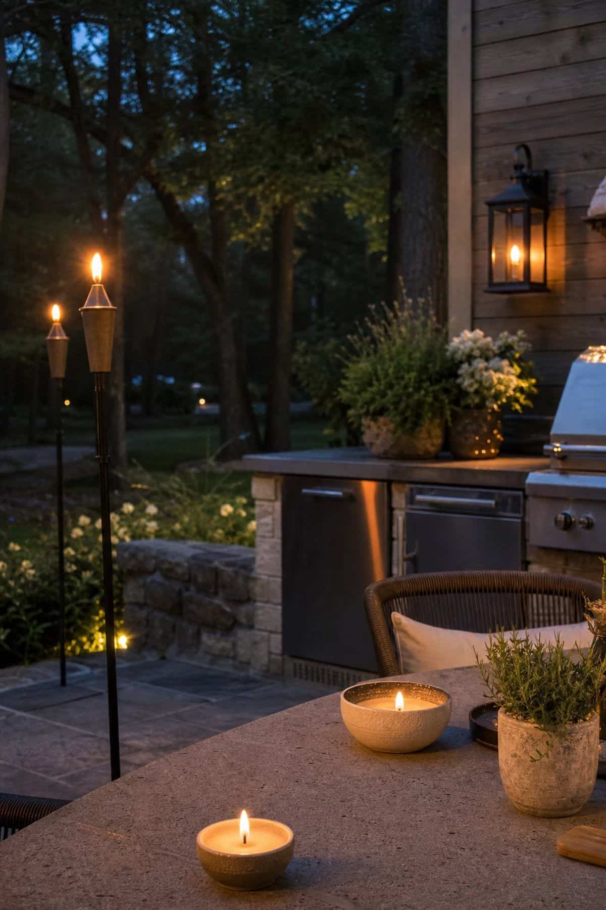 Light citronella candles or tiki torches to keep bugs away shown as a realistic Pretty Wild World image for 15 Outdoor Kitchen Patio Decor Ideas for a Warm, Beautifully Styled Kitchen.