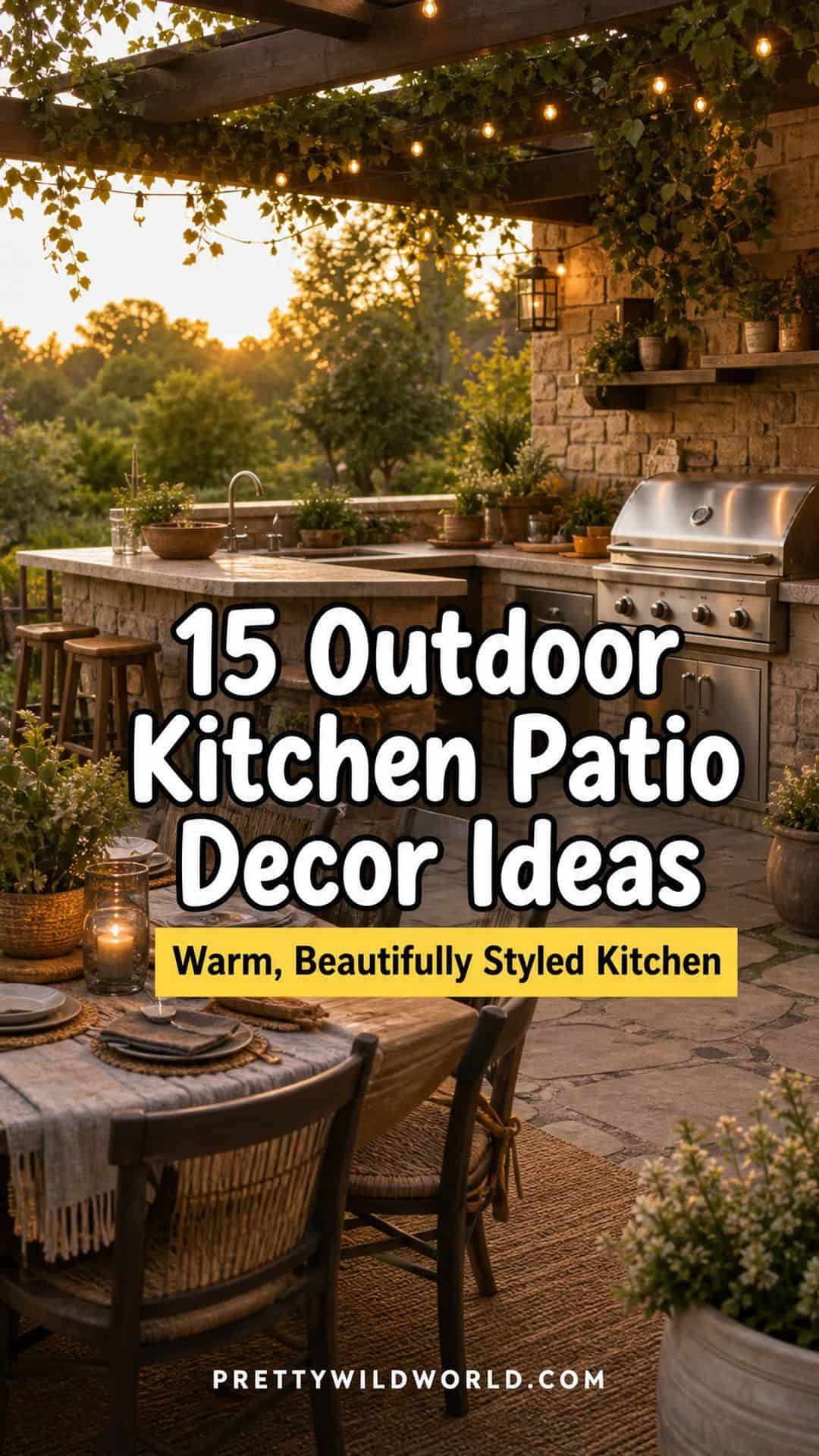 Pinterest pin for 15 Outdoor Kitchen Patio Decor Ideas for a Warm, Beautifully Styled Kitchen from Pretty Wild World.