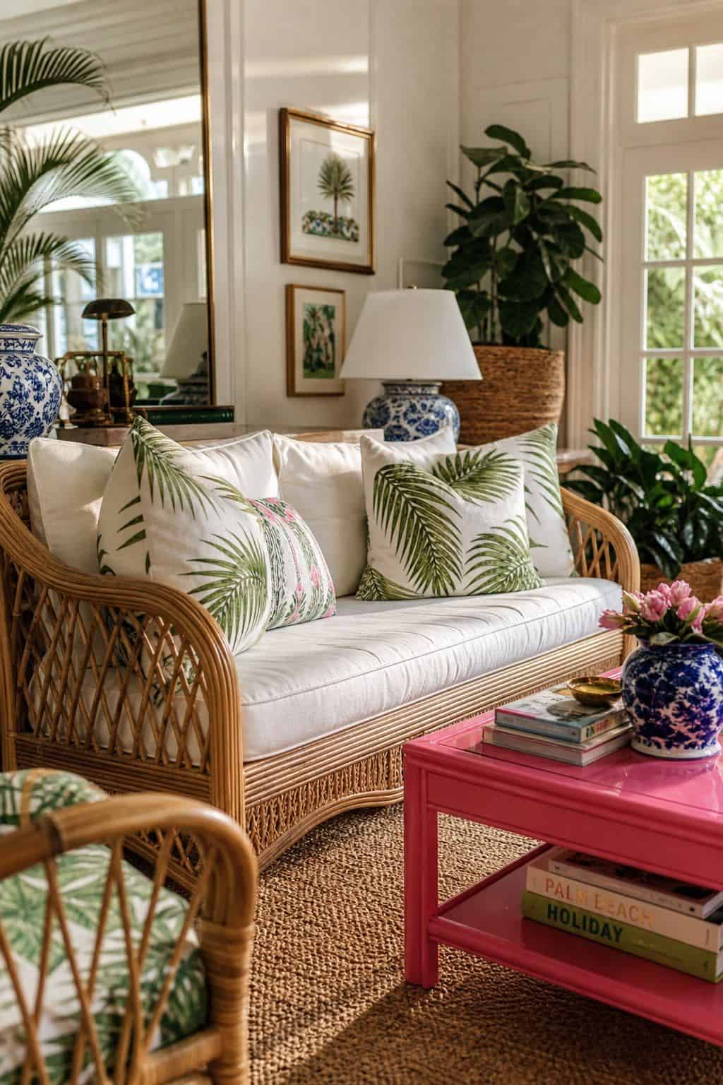 Palm Beach rattan sofa with white cushions and a glossy pink table