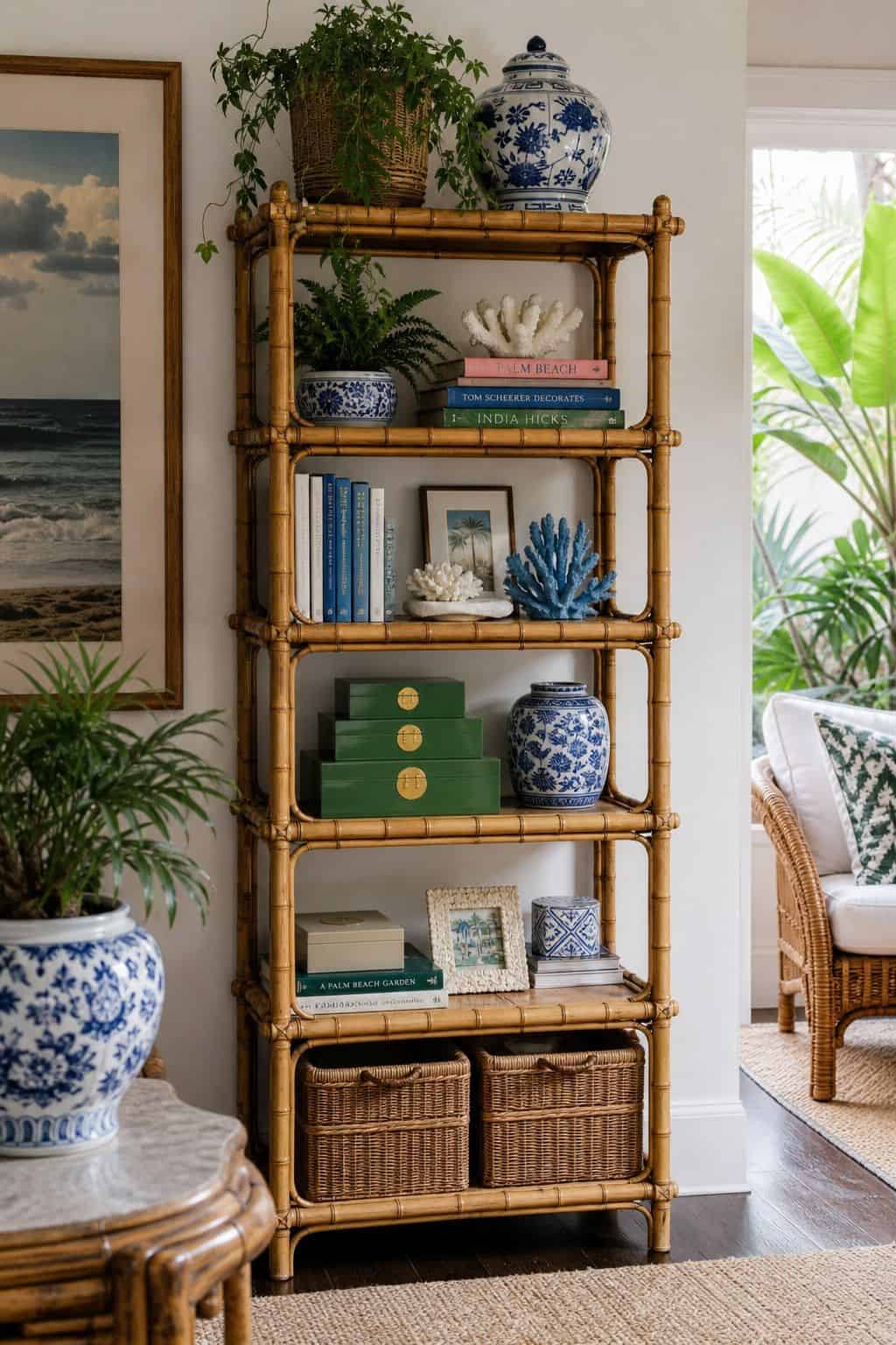 Bamboo etagere styled with porcelain, books, plants, and lacquer boxes