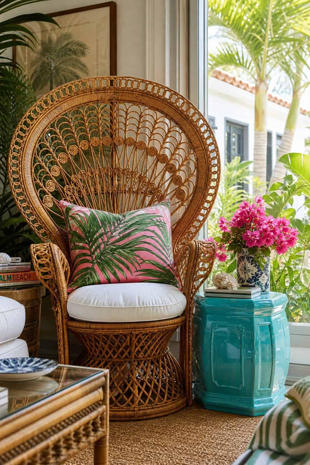 Woven peacock chair with a turquoise garden stool in a Palm Beach sunroom