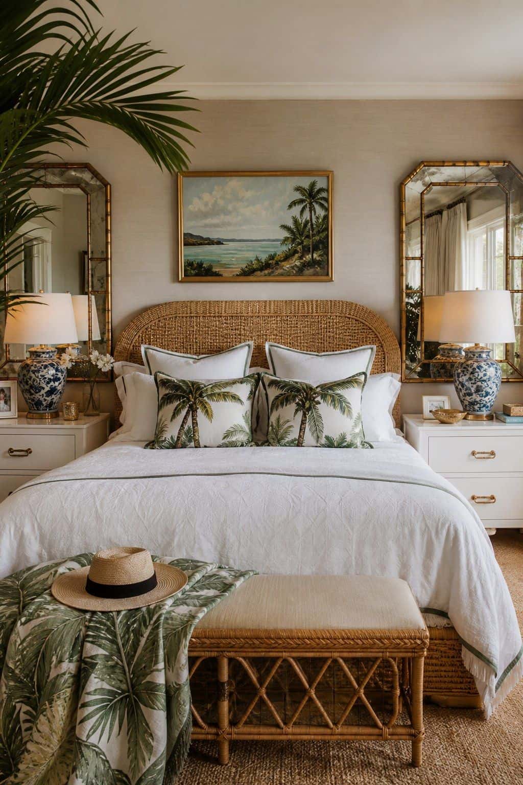 Palm Beach bedroom with a rattan headboard and crisp white bedding