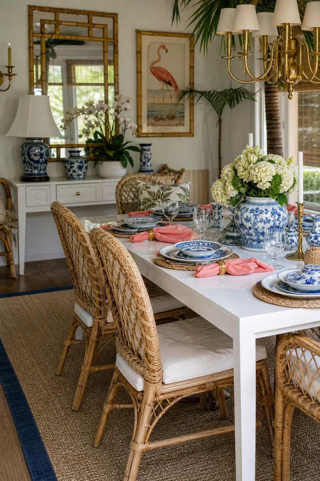 Wicker dining chairs around a glossy white Palm Beach dining table