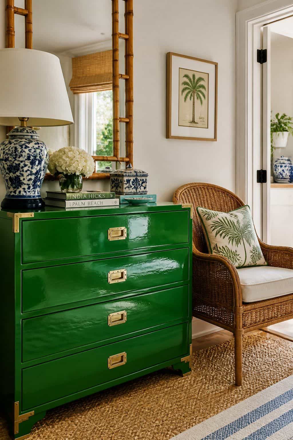 Glossy green lacquered chest beside rattan and blue-and-white decor