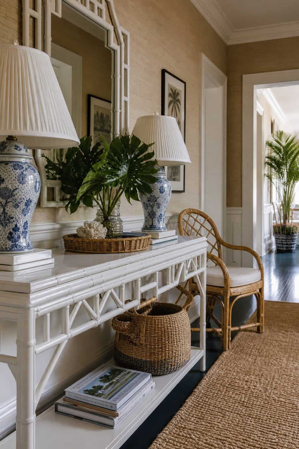 White faux-bamboo lacquered console styled in a Palm Beach entryway