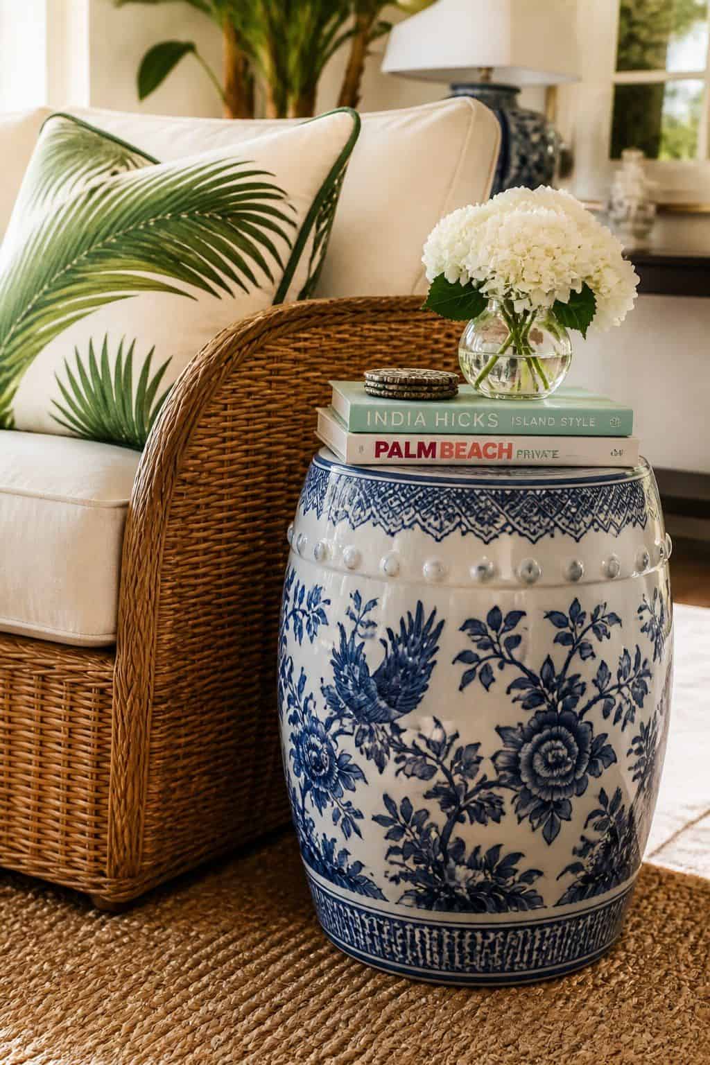 Blue-and-white ceramic garden stool beside rattan Palm Beach furniture
