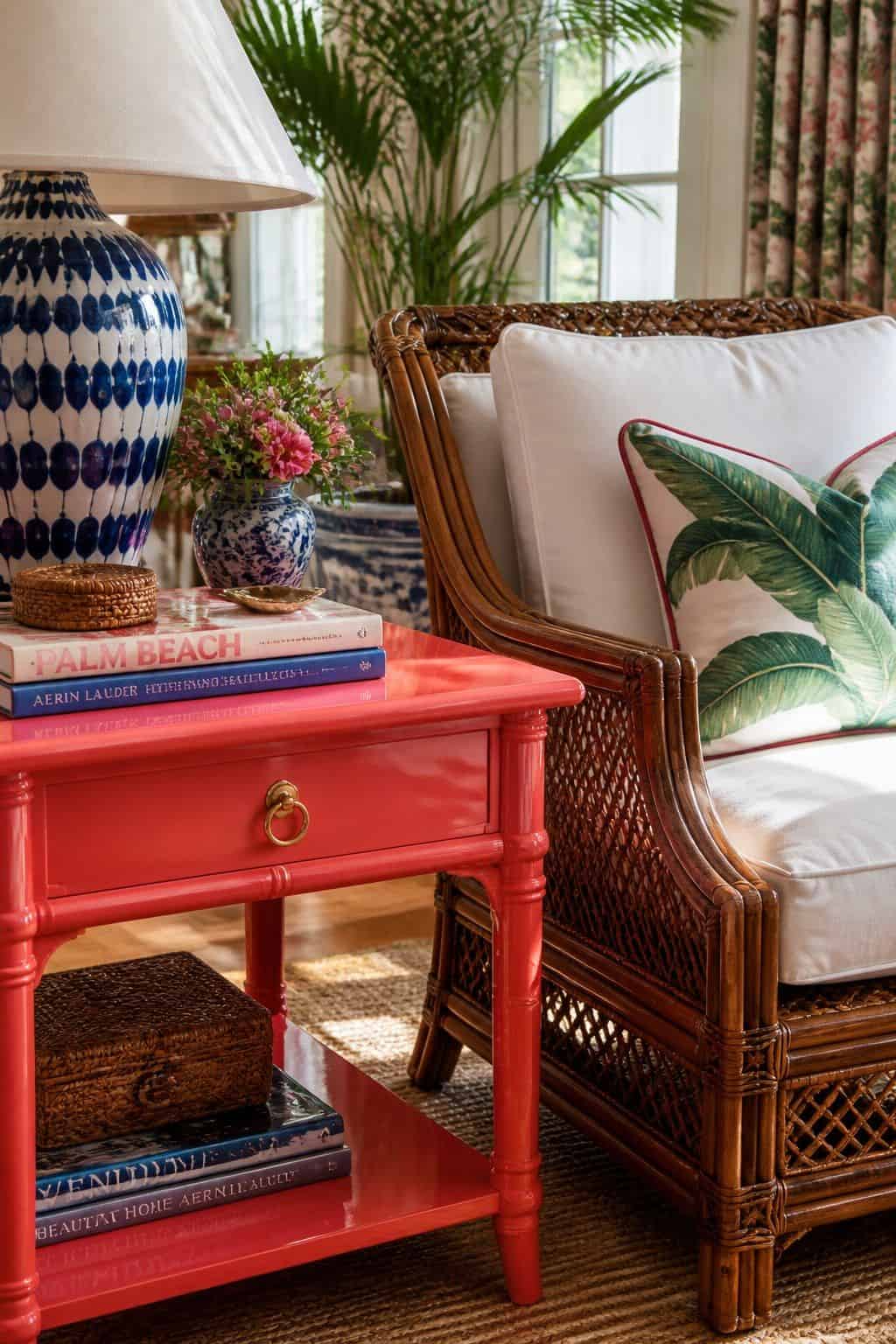 Coral lacquered side table beside a rattan chair in a Palm Beach room