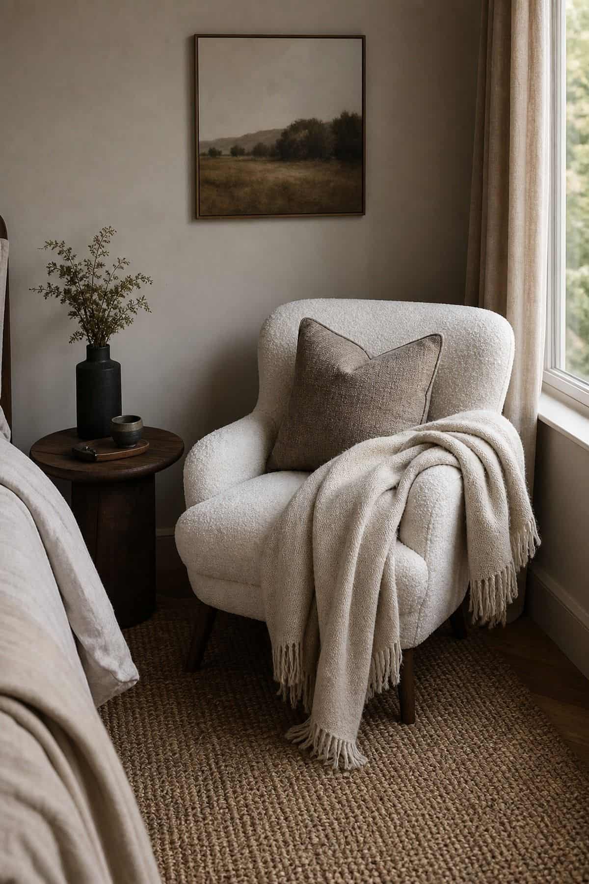 Cozy Up the Space with an Accent Chair and Soft Blanket shown as a realistic Pretty Wild World image for 15 Room Corner Decor Ideas That Make Awkward Spaces Feel Intentional.