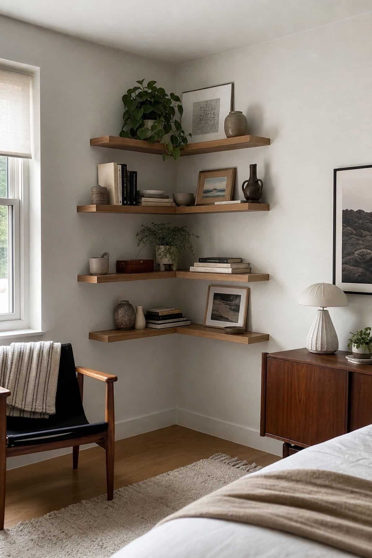 Mount Corner Shelves to Display Books or Keepsakes shown as a realistic Pretty Wild World image for 15 Room Corner Decor Ideas That Make Awkward Spaces Feel Intentional.