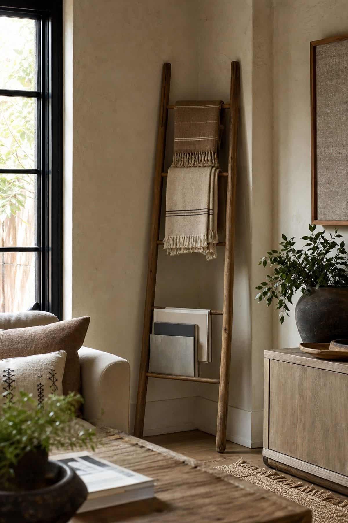 Lean a Decorative Ladder for Storing Throws or Magazines shown as a realistic Pretty Wild World image for 15 Room Corner Decor Ideas That Make Awkward Spaces Feel Intentional.
