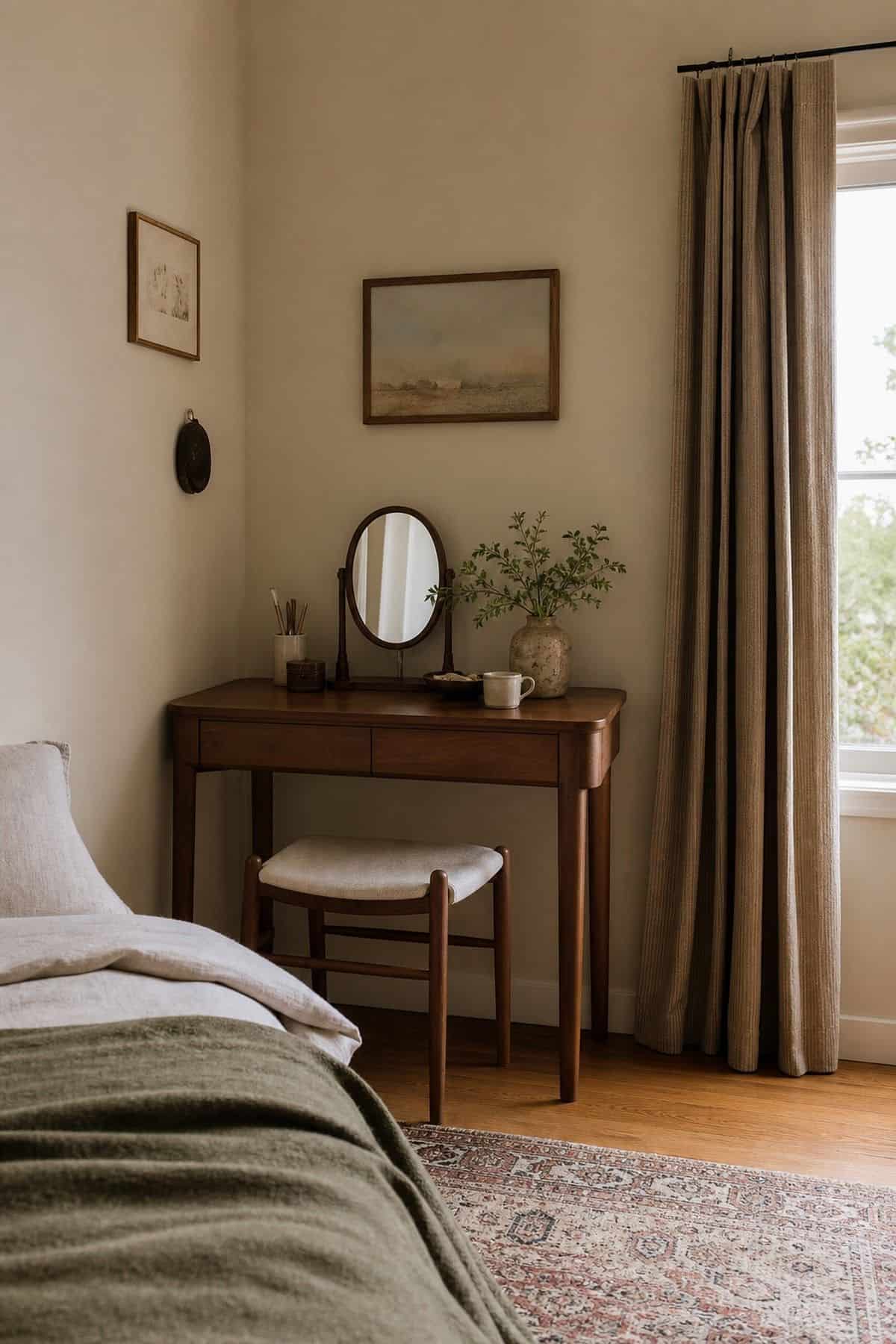 Place a Compact Desk or Makeup Table for Added Function shown as a realistic Pretty Wild World image for 15 Room Corner Decor Ideas That Make Awkward Spaces Feel Intentional.