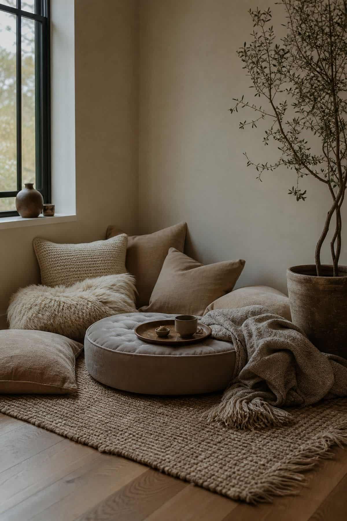 Make a Reading Spot with Plush Floor Pillows and an Ottoman shown as a realistic Pretty Wild World image for 15 Room Corner Decor Ideas That Make Awkward Spaces Feel Intentional.