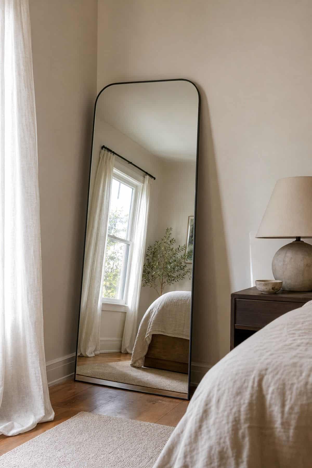 Angle a Tall Mirror to Open Up and Brighten the Room shown as a realistic Pretty Wild World image for 15 Room Corner Decor Ideas That Make Awkward Spaces Feel Intentional.