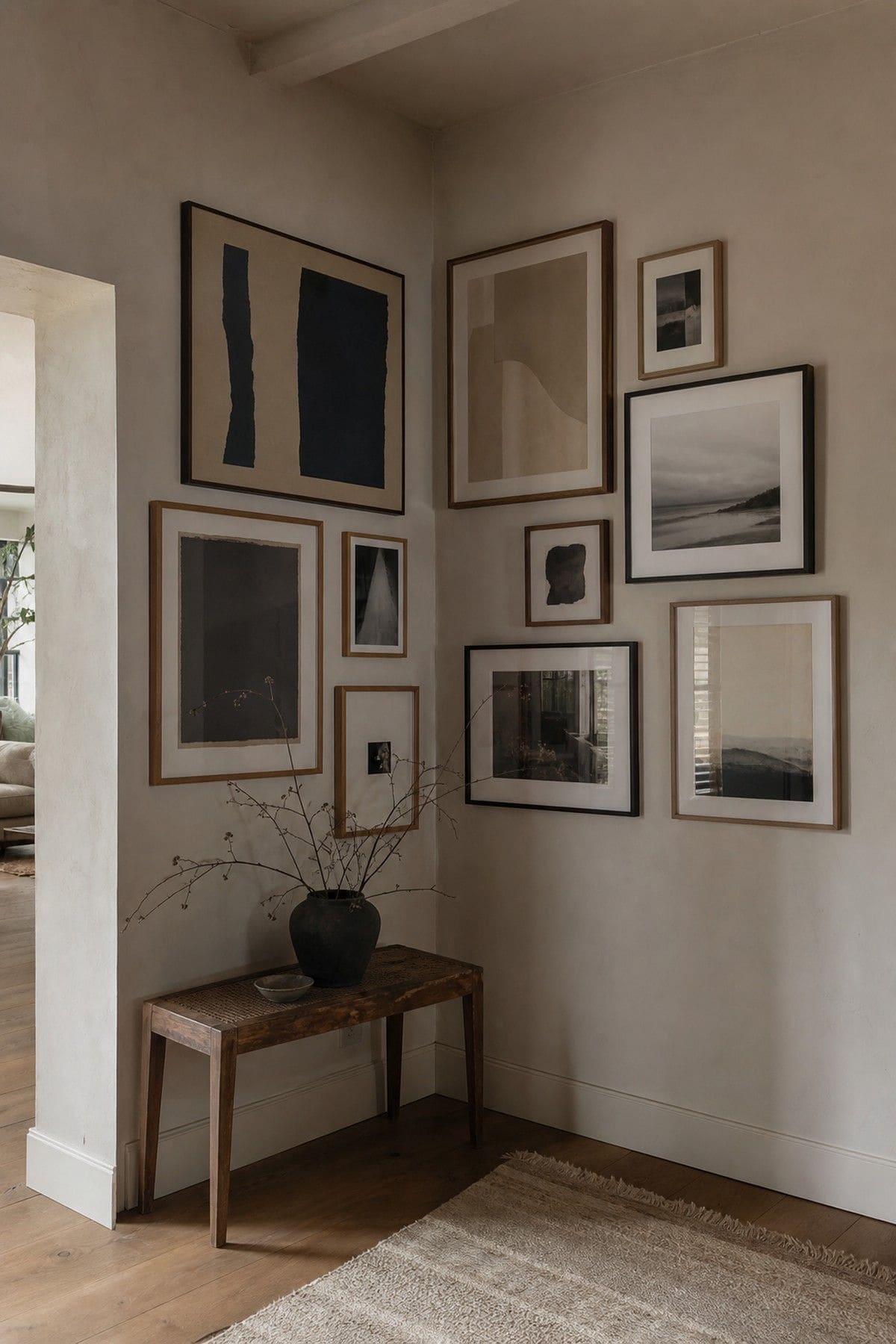 Arrange Framed Artwork or Photos in a Corner Gallery Setup shown as a realistic Pretty Wild World image for 15 Room Corner Decor Ideas That Make Awkward Spaces Feel Intentional.