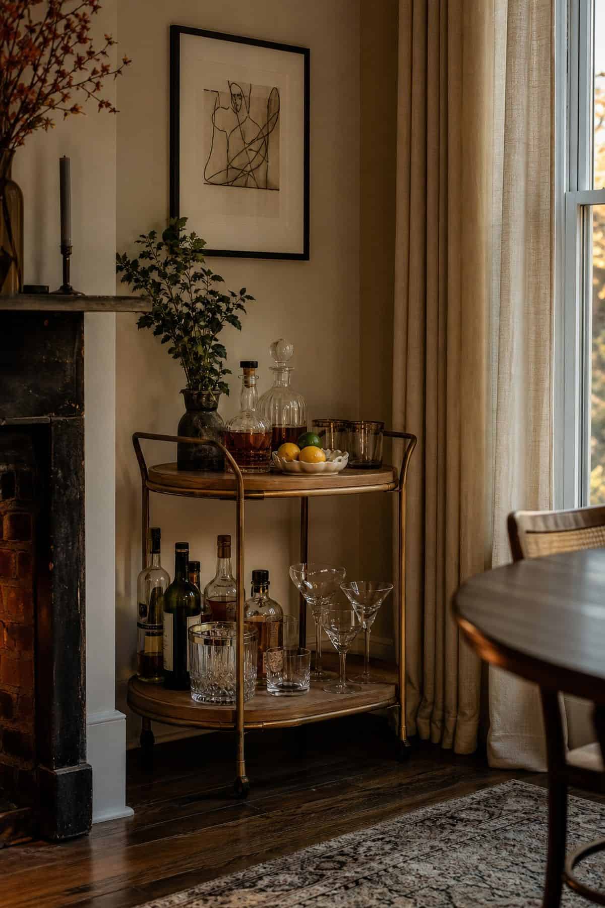 Roll In a Mini Bar Cart for Drinks and Entertaining shown as a realistic Pretty Wild World image for 15 Room Corner Decor Ideas That Make Awkward Spaces Feel Intentional.