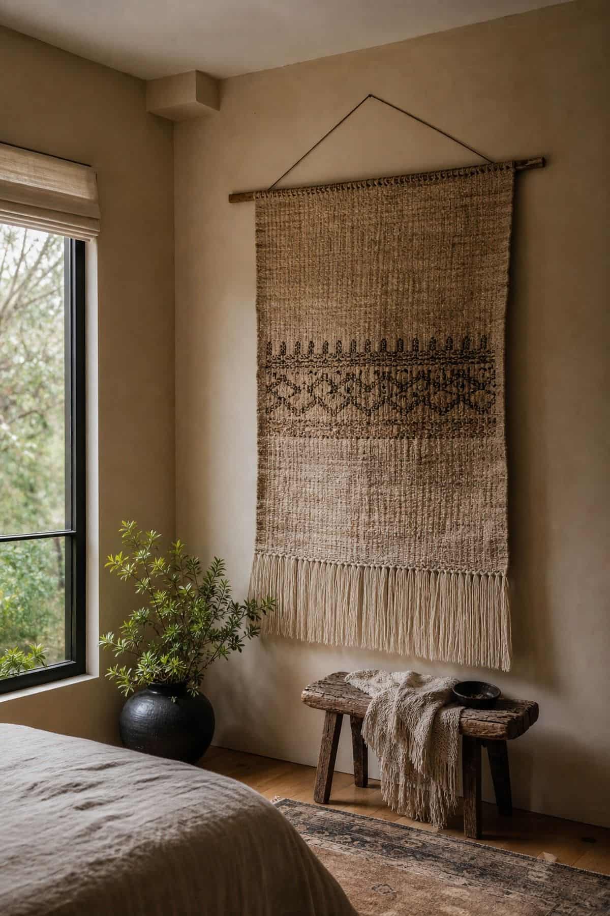Hang a Decorative Fabric Panel or Wall Hanging for Interest shown as a realistic Pretty Wild World image for 15 Room Corner Decor Ideas That Make Awkward Spaces Feel Intentional.