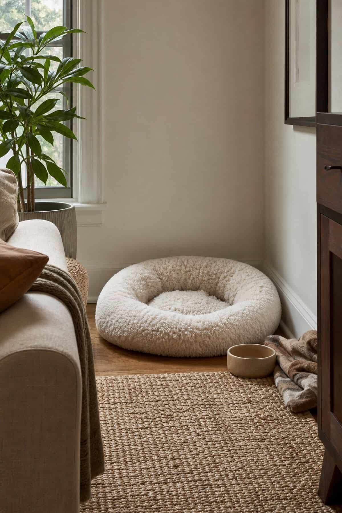 Create a Pet Nook with a Comfy Bed for Your Animal shown as a realistic Pretty Wild World image for 15 Room Corner Decor Ideas That Make Awkward Spaces Feel Intentional.