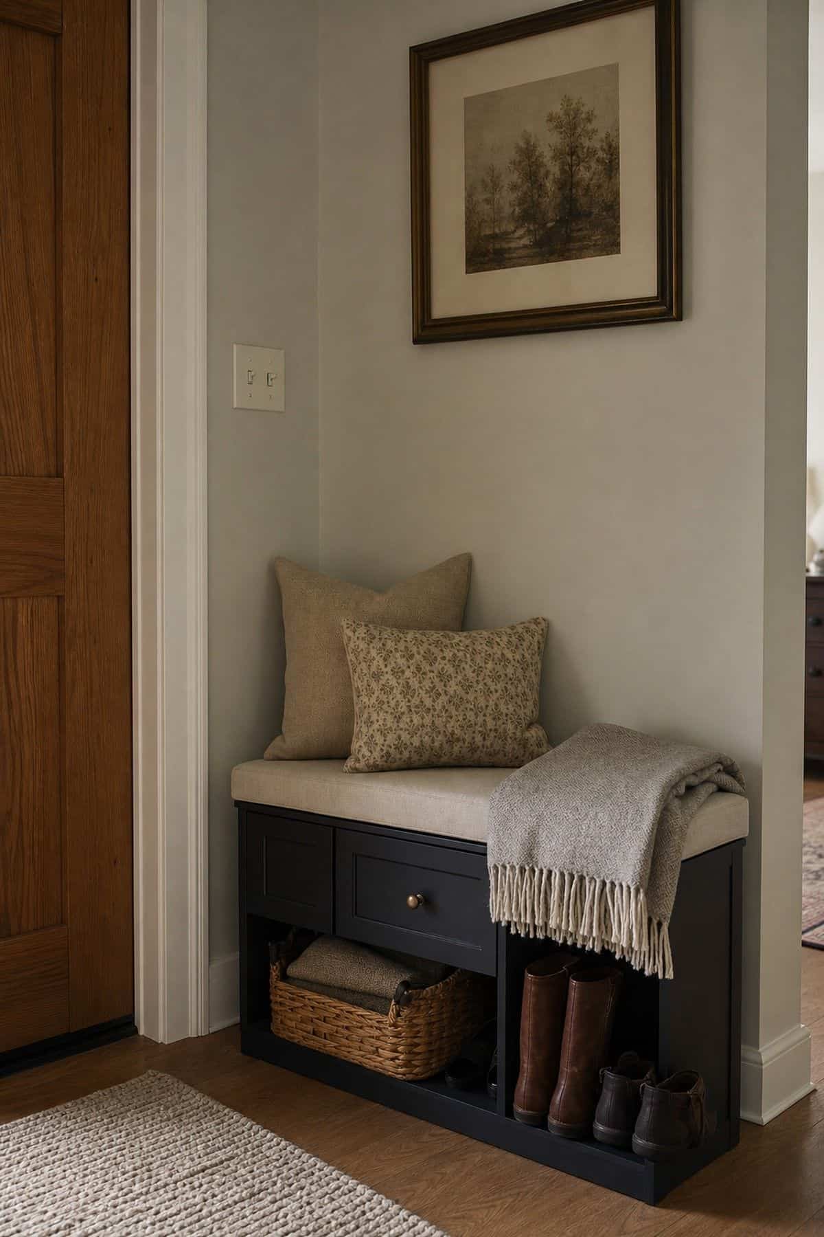 Add a Storage Bench or Small Cabinet for Extra Seating and Tidiness shown as a realistic Pretty Wild World image for 15 Room Corner Decor Ideas That Make Awkward Spaces Feel Intentional.