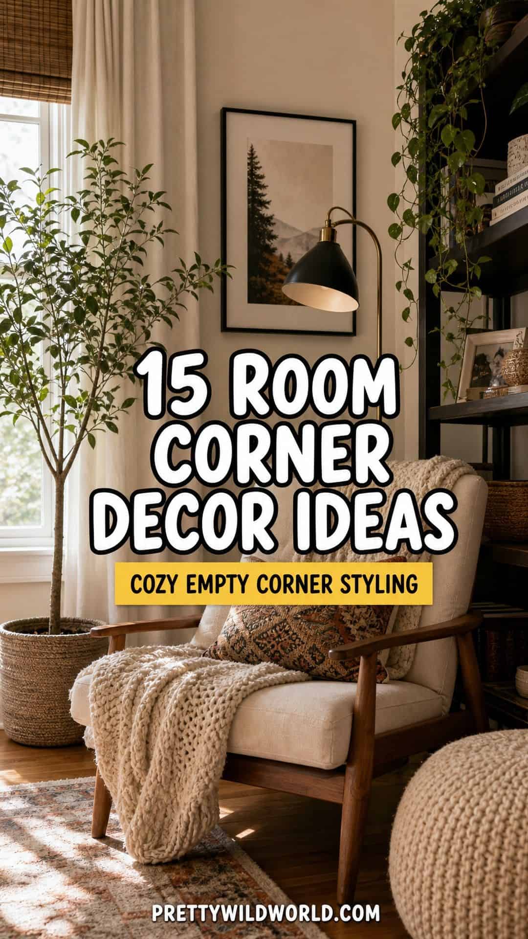 Pinterest pin for 15 Room Corner Decor Ideas That Make Awkward Spaces Feel Intentional from Pretty Wild World.