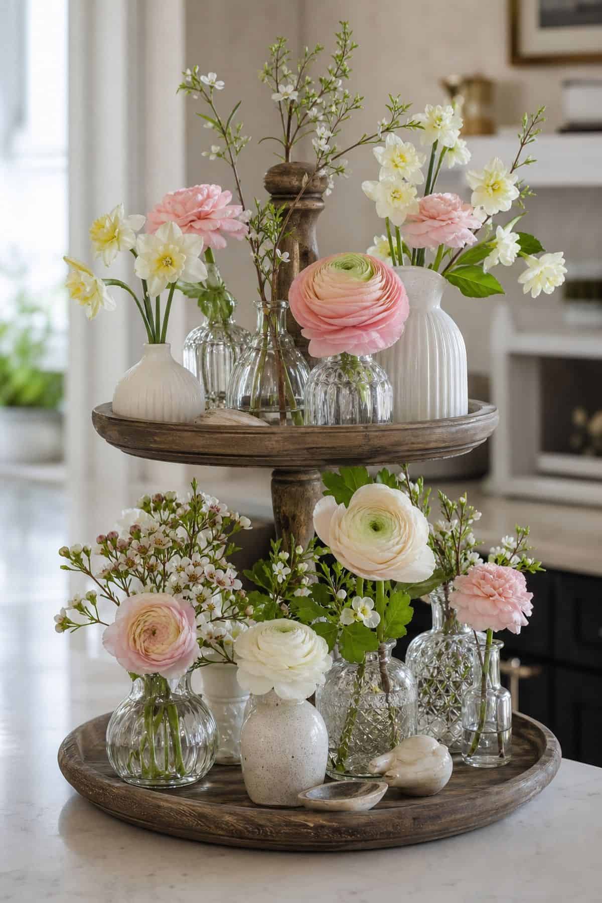Feature Pastel Blooms Arranged in Petite Vases shown as a realistic Pretty Wild World image for 15 Spring Tiered Tray Decor Ideas for a Collected, Seasonal Home Aesthetic.