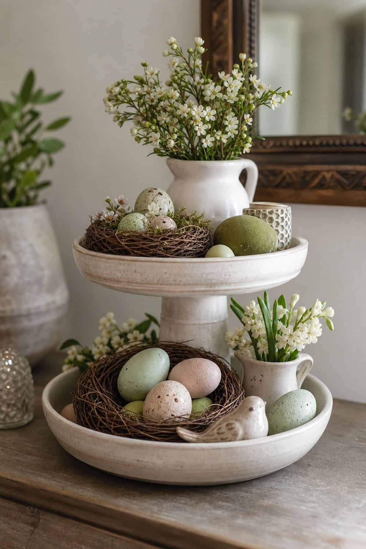 Add Faux Bird Nests Filled with Decorative Eggs shown as a realistic Pretty Wild World image for 15 Spring Tiered Tray Decor Ideas for a Collected, Seasonal Home Aesthetic.