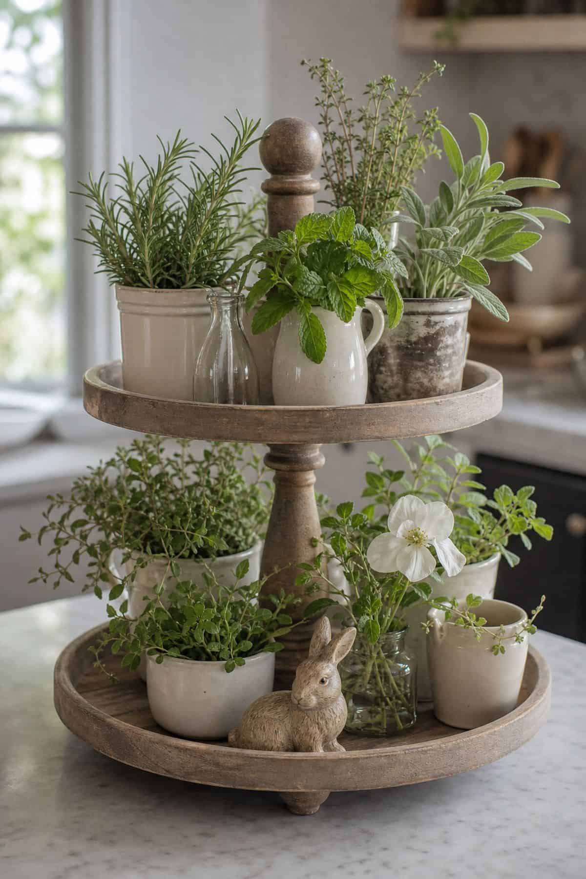 Include Fresh Greenery and Herb Sprigs for a Natural Touch shown as a realistic Pretty Wild World image for 15 Spring Tiered Tray Decor Ideas for a Collected, Seasonal Home Aesthetic.